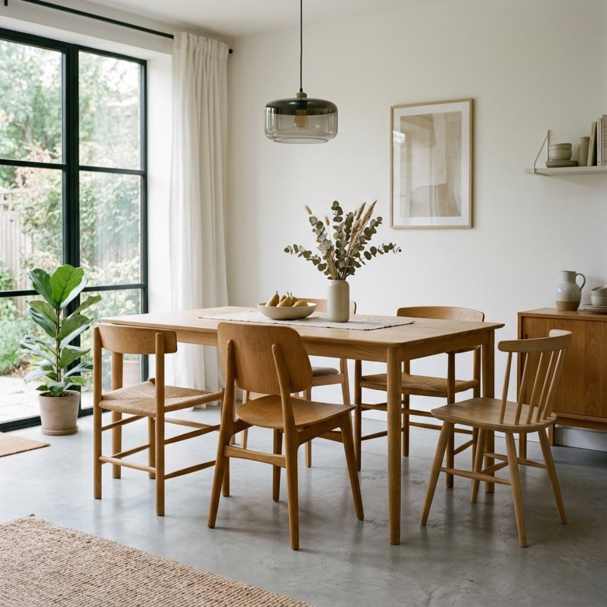 Comedor moderno que combina muebles nuevos y reacondicionados con sillas de diferentes estilos.